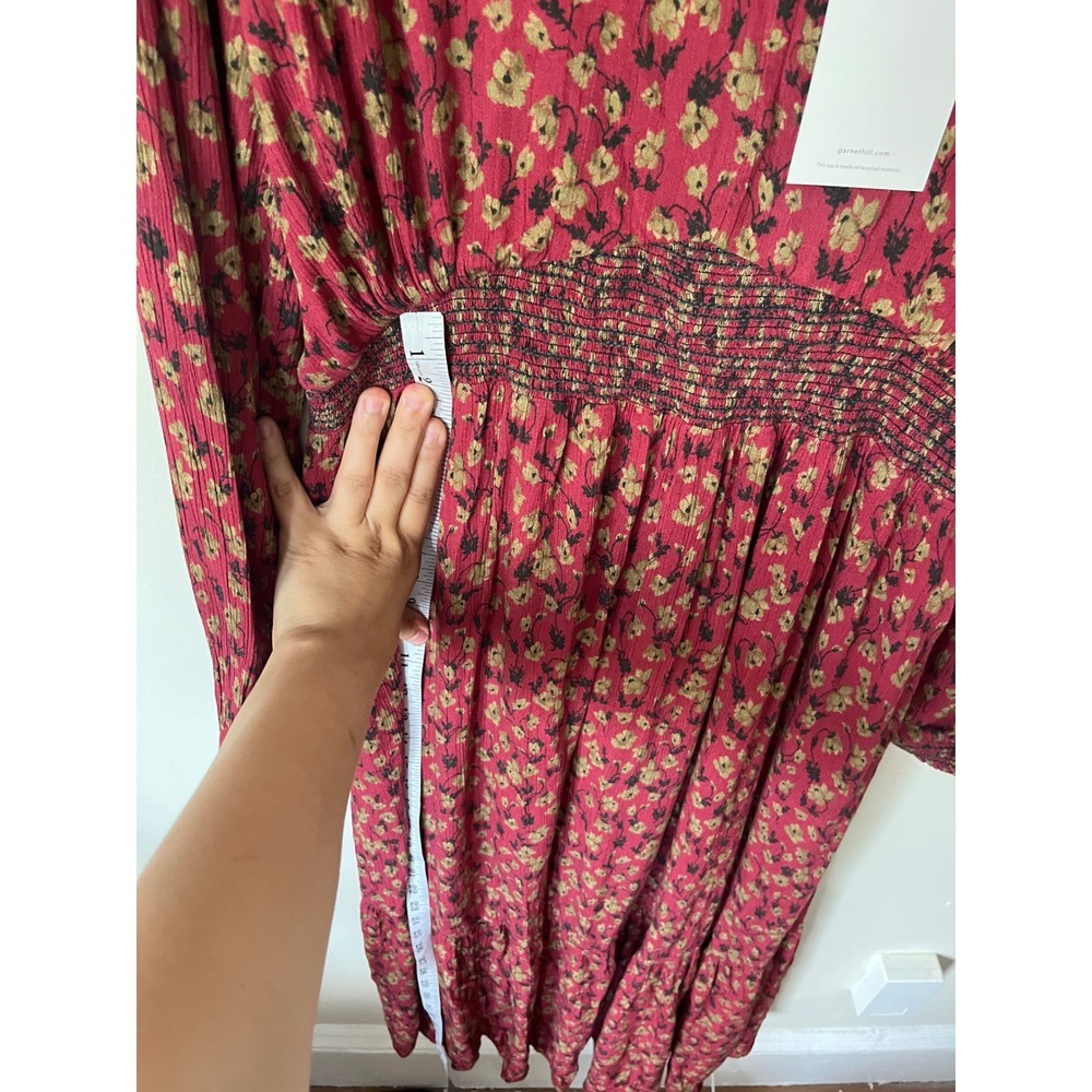 Garnet Hill Womens Burgundy Floral Smocked Waist Boho Midi Dress Size 16 NWT - Picture 6 of 12